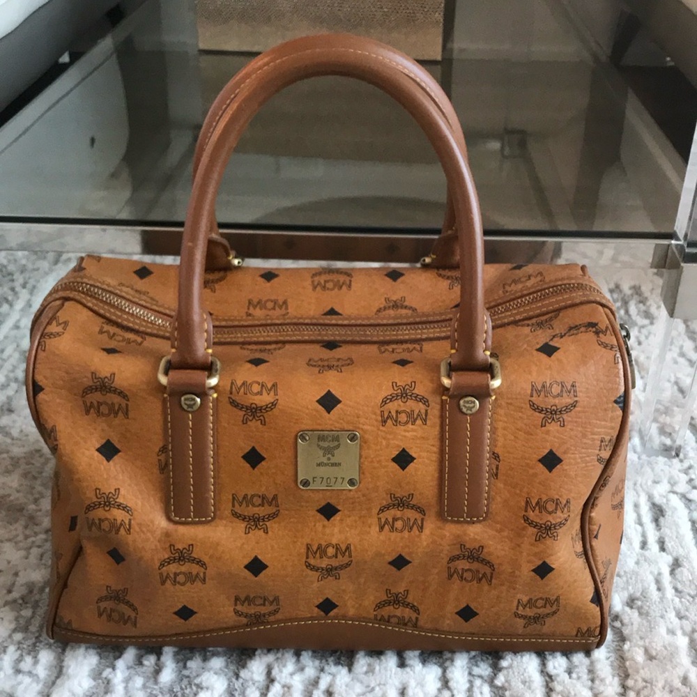 AUTHENTIC MCM Visetos Coated Canvas Leather Boston Top Handle Bag.  EUC
